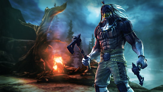 игровой персонаж держит топорики цифровые обои, Killer Instinct, видеоигры, коренные американцы, топоры, HD обои HD wallpaper