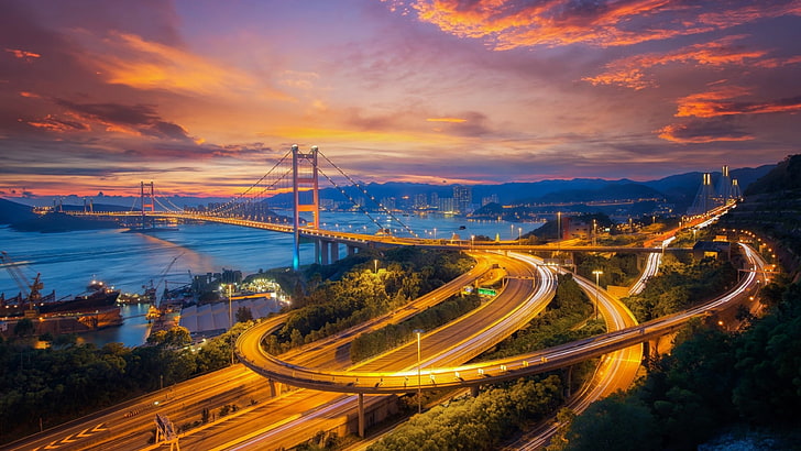 tsing ma bridge, hong kong, cityscape, sky, landmark, china, asia, city, highway, road, dusk, bridge, HD wallpaper