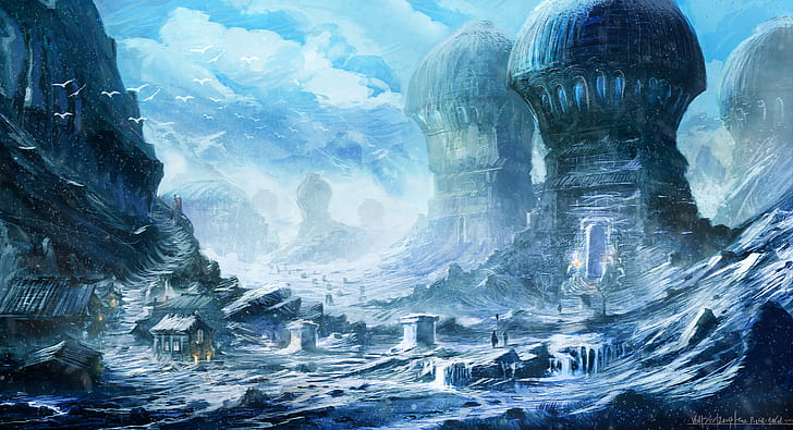 fantasy art, architecture, mountains, science fiction, artwork, digital painting, painting, blue, ice, snow, sky, birds, house, Fantasy Architecture, fantasy city, mountain pass, winter, village, HD wallpaper