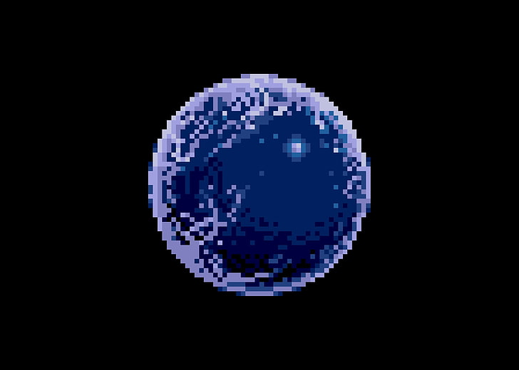 кръгла лилава топка, пространство, планета, пиксели, пикселно изкуство, черен фон, син, топка, HD тапет