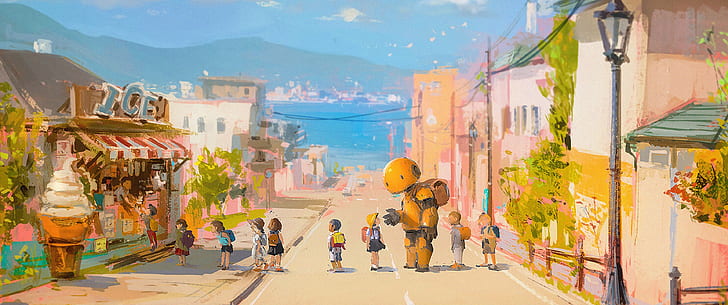 улица, робот, плаж, море, деца, аниме, ултраширок, ултраширок, HD тапет