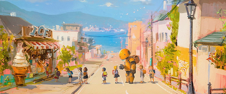 calle, robot, playa, mar, niños, anime, ultra ancho, ultra ancho, Fondo de pantalla HD HD wallpaper