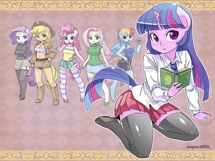 kvinnlig anime illustration, My Little Pony, Applejack, Pinkie Pie, Rainbow Dash, Rarity, Twilight Sparkle, Fluttershy, shepherd0821, humaniserad, Anthro, horn, animeflickor, knäböjande, HD tapet