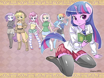 kvinnlig anime illustration, My Little Pony, Applejack, Pinkie Pie, Rainbow Dash, Rarity, Twilight Sparkle, Fluttershy, shepherd0821, humaniserad, Anthro, horn, animeflickor, knäböjande, HD tapet HD wallpaper