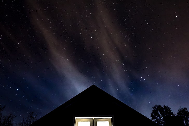 starry sky, starry sky, roof, night, window, HD wallpaper