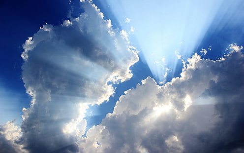 Blå himmel, vita moln, solstrålar, blå, himmel, vit, moln, sol, strålar, HD tapet HD wallpaper