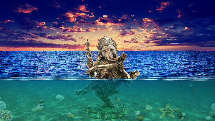 Ganesha, océano, photoshop, horizonte, cielo, Fondo de pantalla HD