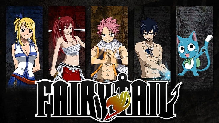 Anime, Fairy Tail, Erza Scarlet, Grey Fullbuster, Feliz (Fairy Tail), Lucy Heartfilia, Natsu Dragneel, HD papel de parede