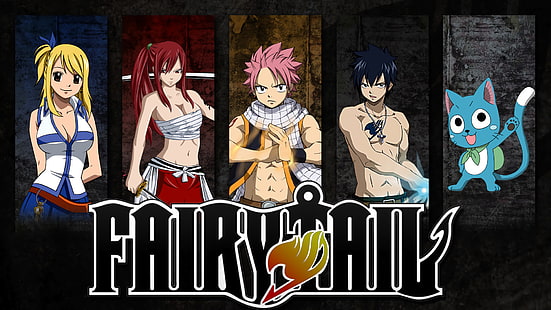 Anime, Fairy Tail, Erza Scarlet, Fullbuster grigio, Happy (Fairy Tail), Lucy Heartfilia, Natsu Dragneel, Sfondo HD HD wallpaper