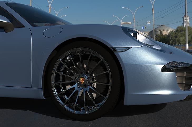 Porsche 911 GTR RS, 2017 Porsche 911 Carrera, 3D graphics, Porsche, Cobalt Blue, closeup, Wheel's, HD wallpaper