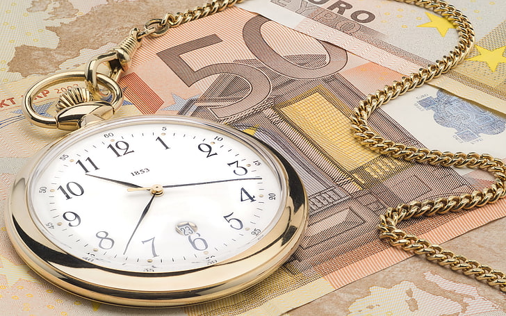 золотые карманные часы, часы, евро, цепочка, деньги, время - деньги, HD обои