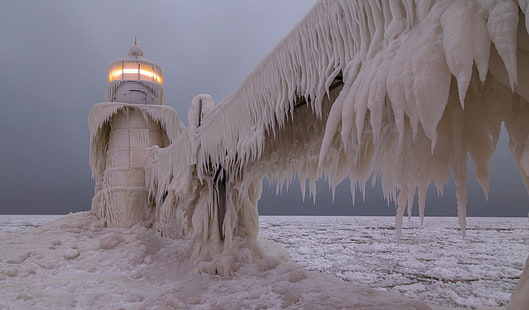 krajobraz, latarnia morska, burza lodowa, lód, Tapety HD HD wallpaper