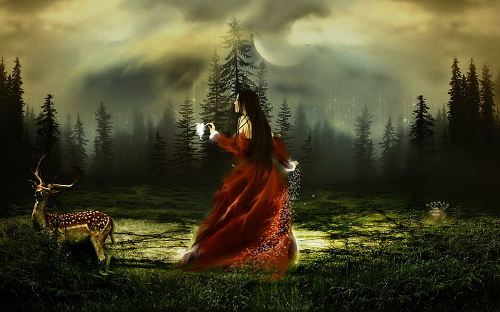 Fantasy Girl 3, animated woman in red dress near deer painting, girl, fantasy, fantasy girls, HD wallpaper