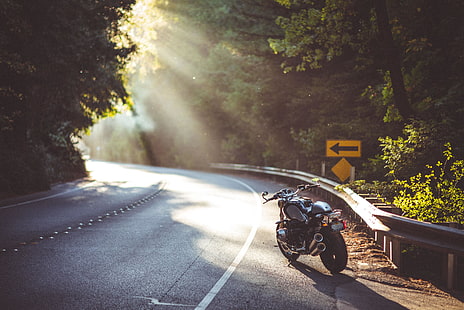 black motorcycle, highway, motorcycle, sun rays, BMW, HD wallpaper HD wallpaper