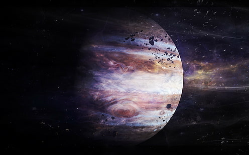 Júpiter planeta detritos HD, planeta branco e rosa, espaço, planeta, detritos, Júpiter, HD papel de parede HD wallpaper