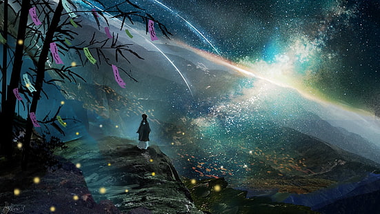 أنيمي ، الأصل ، المذنب ، المجرة ، الليل ، المشهد ، النجوم ، الشجرة، خلفية HD HD wallpaper