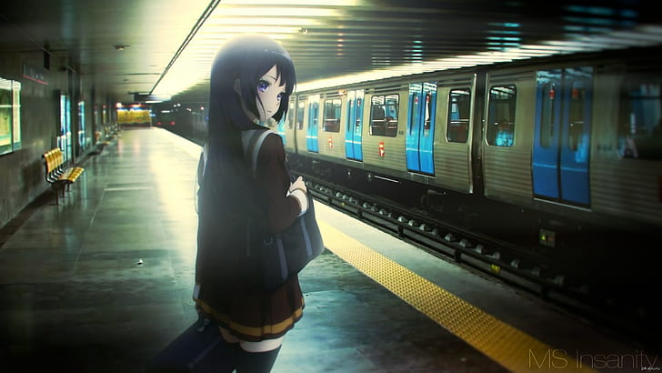 anime girls, train station, thigh-highs, HD wallpaper