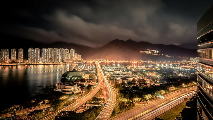 ليلة مدينة هونغ كونغ ، هونغ كونغ ، المدينة ، الليل، خلفية HD