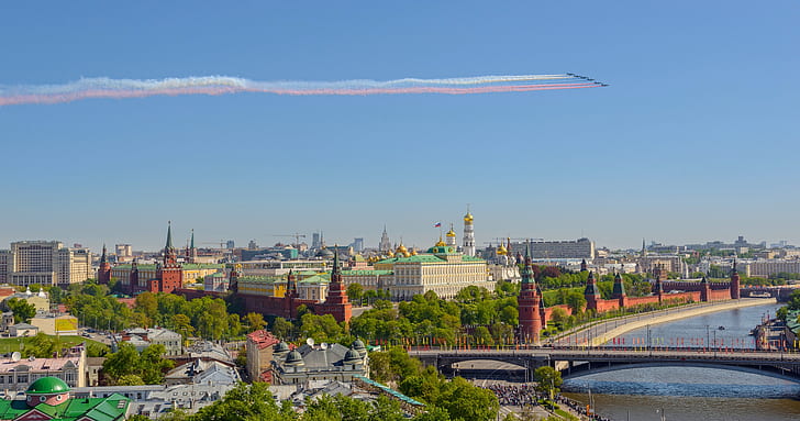 جسر ، نهر ، بانوراما ، موسكو ، الكرملين ، روسيا ، طائرات ، نهر موسكو ، 9 مايو ، جسر الكرملين ، جسر الحجر الكبير، خلفية HD