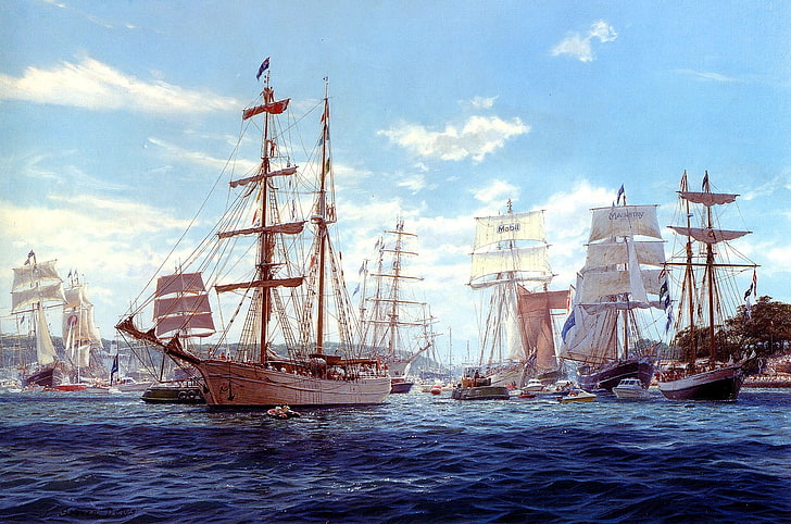 tug boats, old ship, sailing ship, artwork, vehicle, HD wallpaper