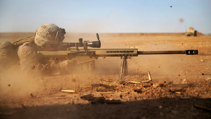 человек, использующий штурмовую винтовку в дневное время, Барретт, снайпер, солдат, снайперская винтовка, M82, М107, светлая пятьдесят, армия США, M82A1, прицел, пустыня, HD обои