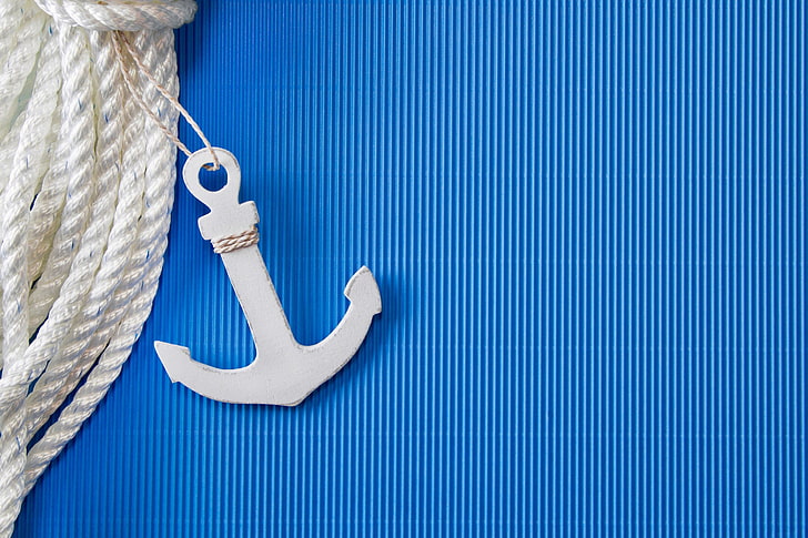 white anchor hanging decor, strip, background, blue, rope, anchor, HD wallpaper