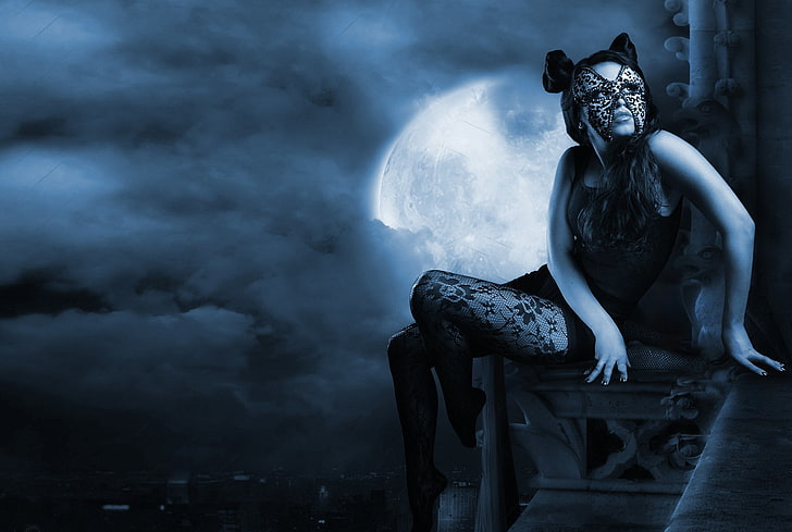 women's black top, cat, look, girl, clouds, night, the city, mesh, the moon, hair, height, hands, mask, art, hairstyle, tights, sitting, HD wallpaper