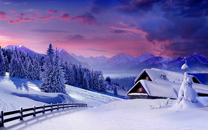 houses and trees covered with snow, lodges, snow, winter, protection, fence, sky, clouds, lilac, fir-trees, HD wallpaper