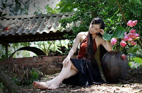 vestido de correa de espagueti negro y rojo para mujer, mujer, asiática, flor, niña, loto, florero, vietnamita, mujer, Fondo de pantalla HD HD wallpaper