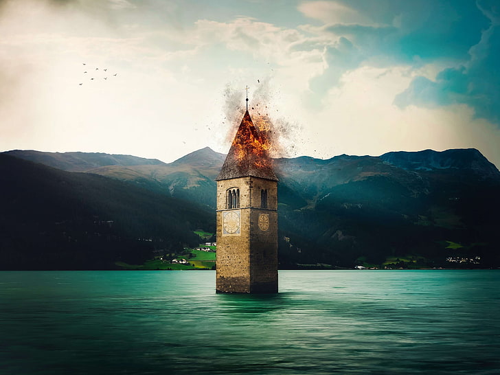 austria, blue, brand, church, clouds, destroyed, fire, flame, flooded, historic preservation, house of worship, italy, lake, lakeside, light, mirroring, mountains, nature, parish church, reschen pass, reservoir, rive, HD wallpaper