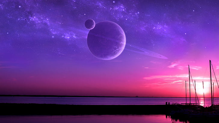 фиолетовое небо, кольчатая планета, планетарное кольцо, фэнтезийный пейзаж, фэнтезийное искусство, футуристический пейзаж, космическое искусство, космос, вселенная, планета, HD обои