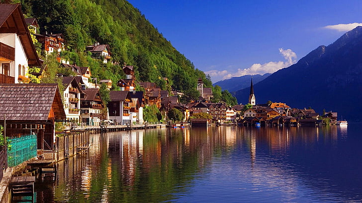 reflection, nature, mountain village, water, lake, sky, mountain, town, hallstatt, mount scenery, mountain range, tourism, fjord, city, village, austria, HD wallpaper