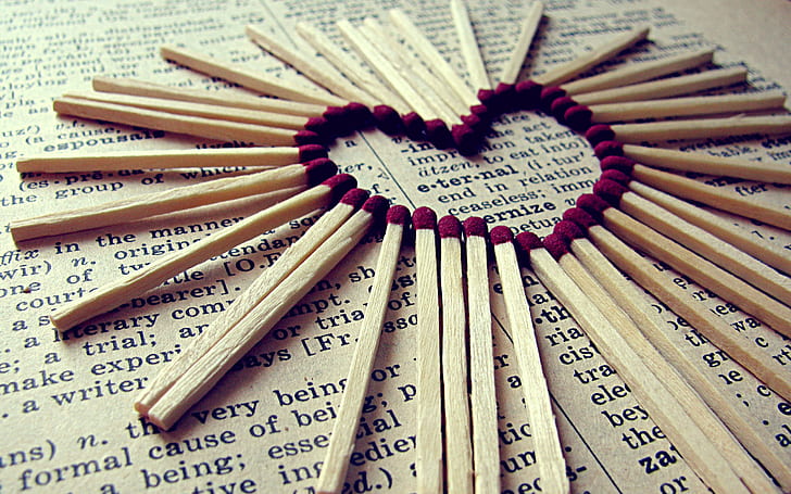 Matches, newspaper, love heart, Matches, Newspaper, Love, Heart, HD wallpaper