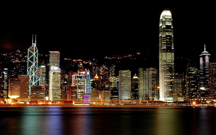 Paysage urbain de Hong Kong, paysage urbain, Hong Kong, Chine, nuit, Fond d'écran HD