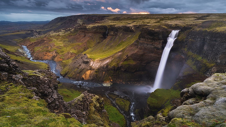 cachoeira, terras altas, cachoeira de haifoss, região selvagem, islândia, rio, córrego, montanha, HD papel de parede