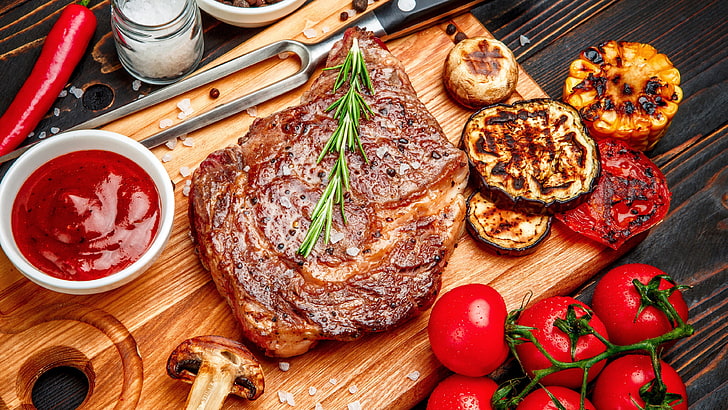 Steak, Fleisch, Lebensmittel, Rib-Eye-Steak, Braten, Gericht, tierische Lebensmittel, Grilladen, Beilage, Grill, HD-Hintergrundbild