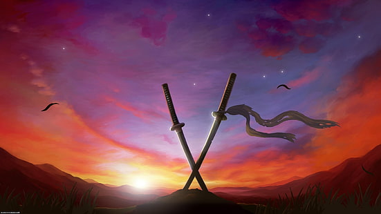 аниме обои два серых меча, цифровое искусство, закат, меч, фэнтези арт, HD обои HD wallpaper