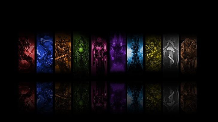 pahlawan game wallpaper digital, video game, hitam, World of Warcraft, kolase, refleksi, seni digital, penuh warna, Wallpaper HD