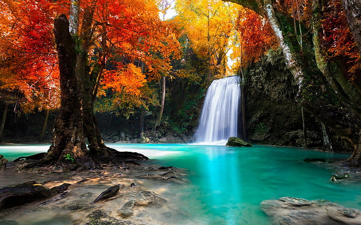 водопады, окруженные деревьями, живопись водопадов, красочные, деревья, водопад, природа, тропический, лес, осень, пейзаж, Таиланд, вода, HD обои