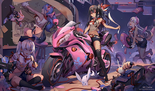 anime kızlar, motosiklet, ikinci el araç, pembe, HD masaüstü duvar kağıdı HD wallpaper