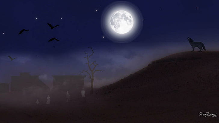 Wolf's Ghost Town, firefox persona, stars, ghost town, halloween, houses, wolf, ghosts, moon, 3d and abstract, HD wallpaper