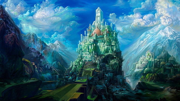 kastil, seni fantasi, pegunungan, Wallpaper HD