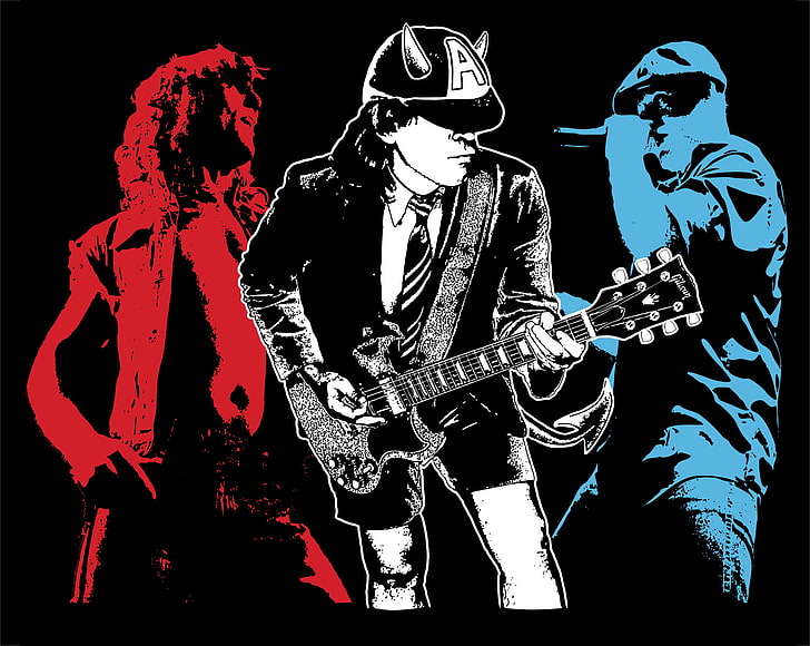 иллюстрация гитариста, белый, синий, красный, черный, рок, AC / DC, HD обои