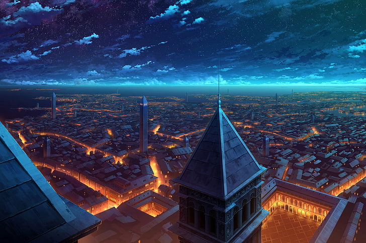 photographie aérienne de paysage urbain, anime, ville, nuit, Fond d'écran HD