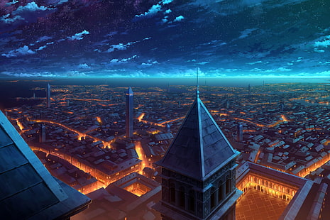 zdjęcia lotnicze pejzażu miejskiego, anime, miasta, nocy, Tapety HD HD wallpaper