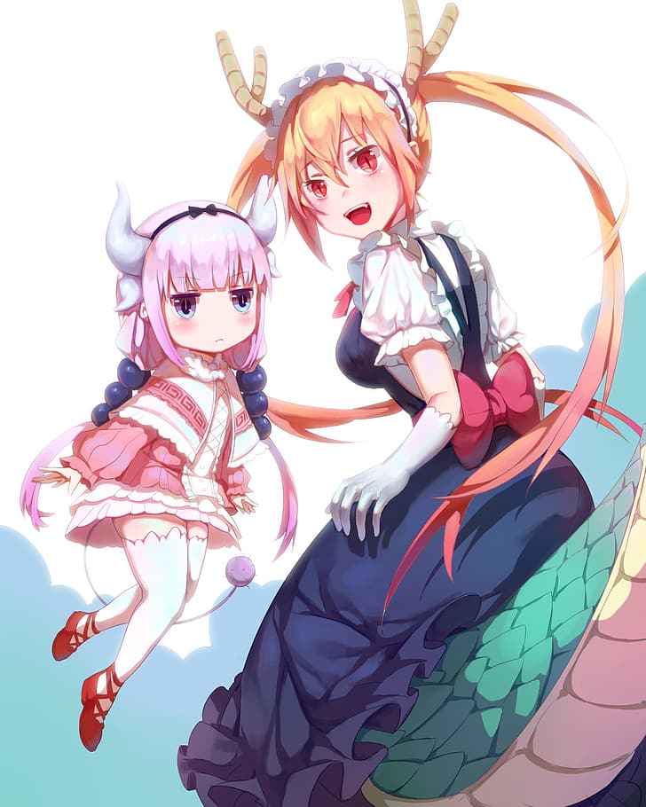 anime, anime girls, Tohru (Kobayashi-san Chi no Maid Dragon), Kanna Kamui (Kobayashi-san Chi no Maid Dragon), Kobayashi-san Chi no Maid Dragon, 2D, drawing, digital art, blonde, blond hair, twintails, long hair, brown eyes, maid, horns, maid outfit, dragon girl, simple background, white background, tail, red tie, HD wallpaper