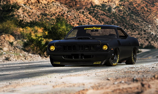 black Dodge Challenger, black, muscle car, Plymouth, cuda, hemi, hugo silva, HD wallpaper HD wallpaper
