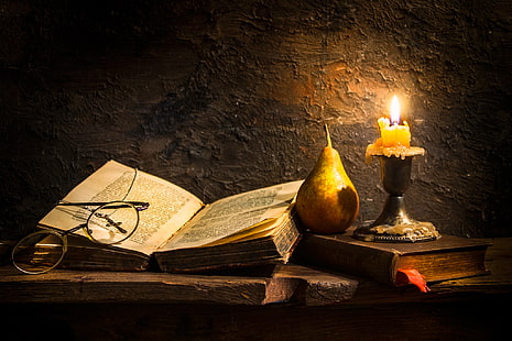 book page and candle, candle, glasses, book, pear, wax, cross, Faith, HD wallpaper HD wallpaper