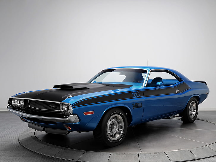 blue and black coupe, 1970, 340, challenger, classic, dodge, muscle, pack, t a, HD wallpaper