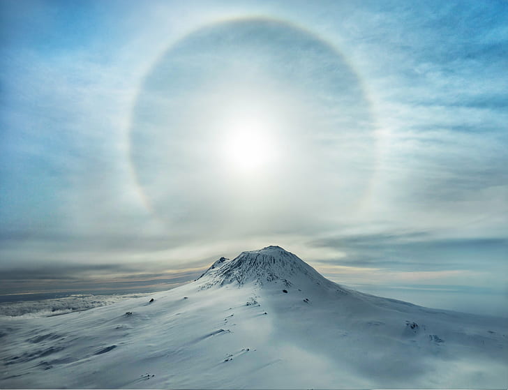 white snow coated mountain, Polar, Sunbow, Erupts, Iced, Volcano, coated, mountain, Antarctica, com, Horizontal, Colour, Color, Outside, Outdoors, RR, Daily, Photo, South Pole, Frozen, Ice, Cold  Mountain, Sky, Ground, Cloud, Shadow, Halo, Sun  Bright, Bright  Light, Grey  Day, Sony  ILCE-7M2, snow, winter, nature, blue, cold - Temperature, landscape, season, HD wallpaper